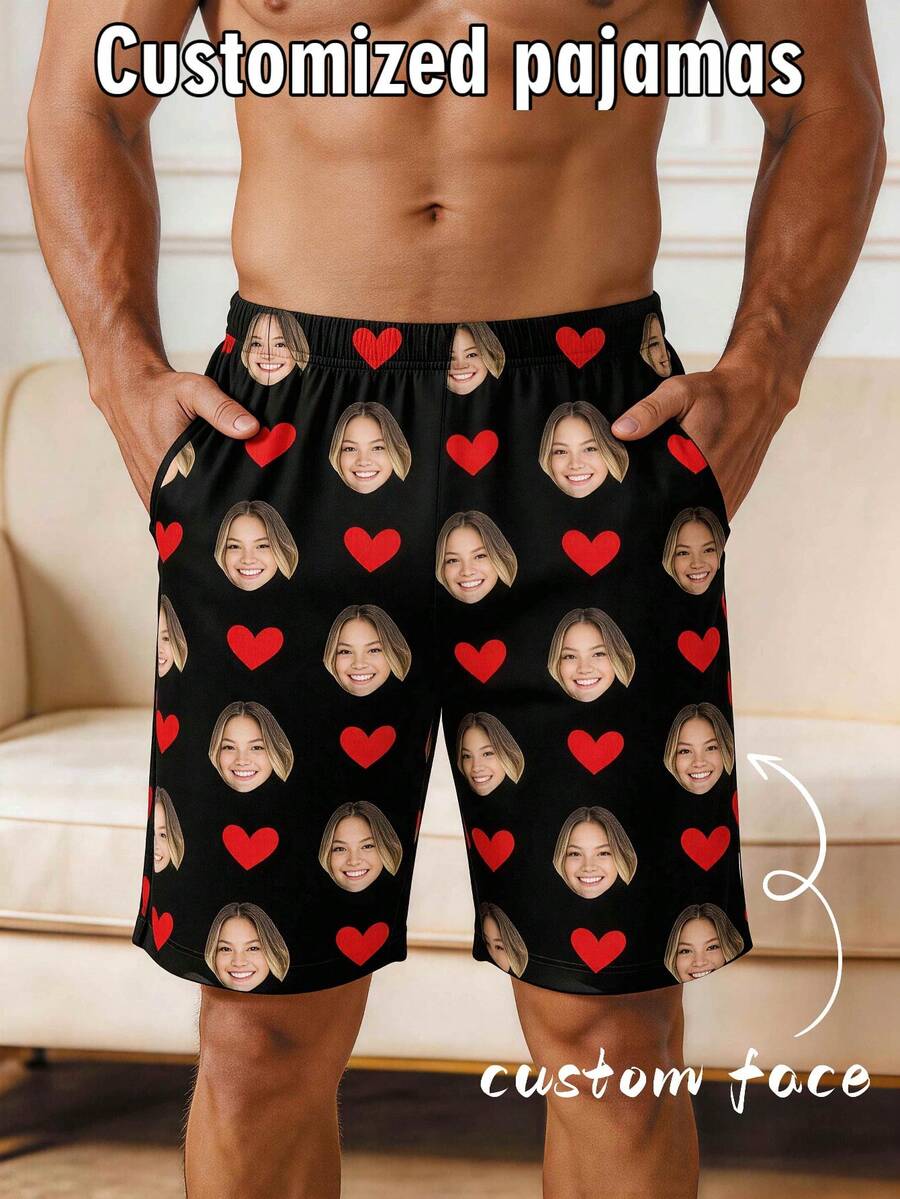Calções de Pijama Personalizados para Homem com Impressão de Foto do Rosto e Padrão de Coração, Calções de Banho de Praia, Presente de Férias para Namorado - Multicolorido - Ver 1