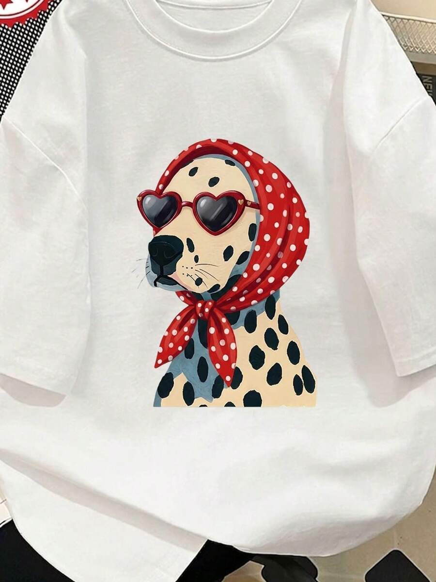 Women's 100% Cotton T-Shirt With Dalmatian Print, Dog Graphic With Red Polka Dot Bandana, Casual Loose Fit, Short Sleeve, Fun And Unique Gift For Dog Lovers - 白色 - 查看 1