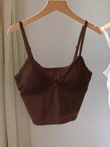 Camisilla sin mangas casual de verano para mujer con parches de encaje en unicolor - Café integral - Ver 5