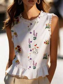 Nueva llegada de primavera/verano Blusa sin mangas con volantes de estampado floral francés dulce y único, elegante top de tirantes - Multicolor - Ver 7