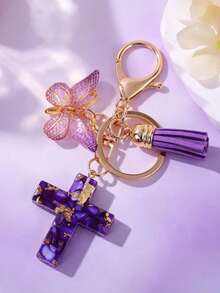 1 Stück Der Fransen Schmetterling getrocknete Blume Kreuz Schlüsselanhänger ist ein europäischer und amerikanischer Retro-Schlüsselanhänger für Frauen, ein modischer Blume Muster Kreuz Taschenbehang, exquisites Schlüsselanhänger Accessoire für Frauen, auffallender Auto-Schlüsselanhänger, Valentinstag Geschenke, Lehrertag Geschenke, Einschulungsgeschenke, Abschlussgeschenke, Weihnachtsgeschenke - Verschiedenfarbig - Übersicht 9