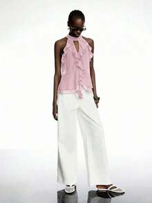 Top halter elegante de unicolor con volantes para mujer - Rosa - Ver 3
