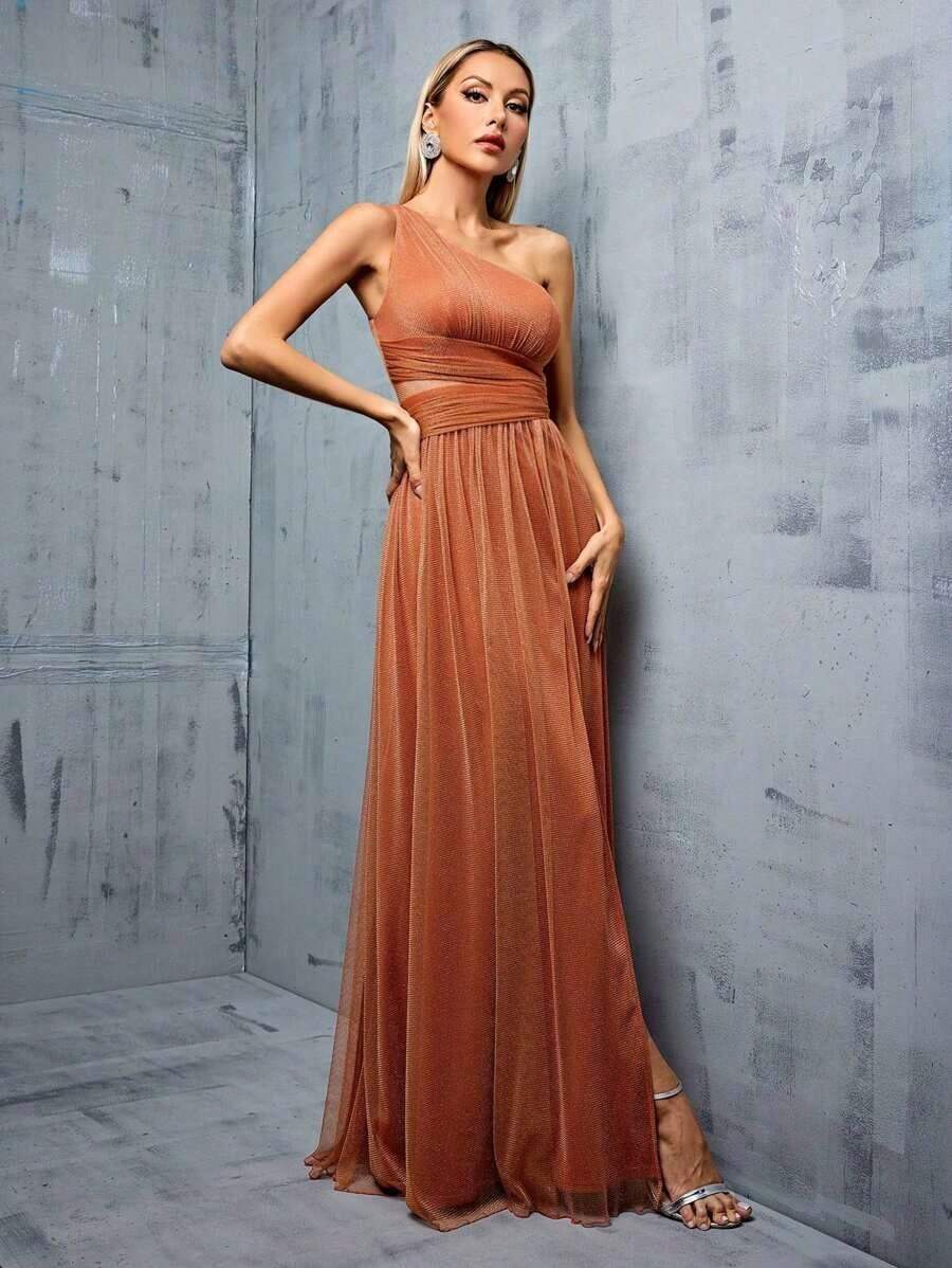 Vestido de malla con un hombro asimétrico, pecho fruncido, recorte hueco y abertura alta en A, vestido de dama de honor para boda, color rosa, primavera - Naranja Quemada - Ver 1
