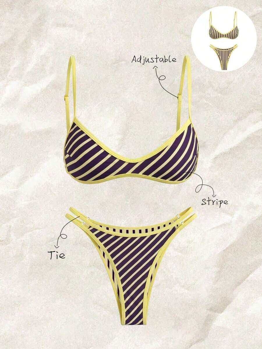 Set de 2 piezas Bikini de tirantes finos con estampado aleatorio para mujer, verano - Multicolor 3 - Ver 1