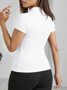 Camiseta casual de mujer de manga corta con cuello mao y unicolor, para verano - Blanco - Ver 2