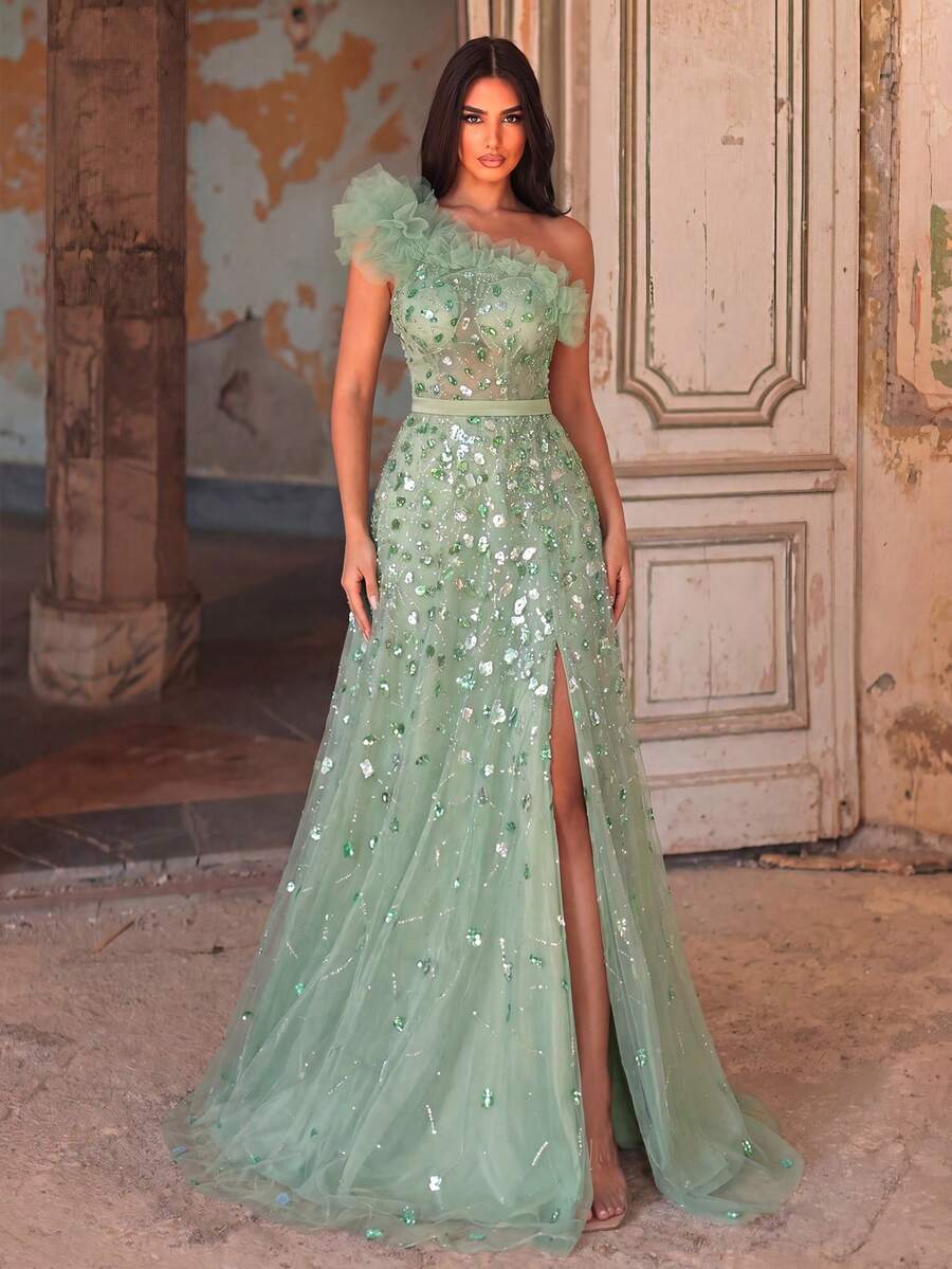 Faeriesty 優雅不對稱肩亮片長洋裝，高衩設計，適合攝影拍攝、正式晚宴、華麗拍照、婚禮