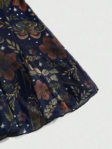 ROMWE Fairycore Vestido mini con tirantes finos, de corte holgado, con estampado floral bohemio, romántico y gótico para mujeres - Azul marino - Ver 4