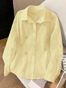 Camisa casual de mujer de manga larga con bordado calado y abotonadura sencilla - Azul - Ver 10