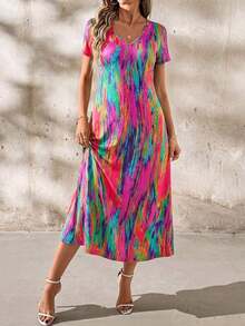 Clasi Vestido de mujer con estampado de teñido anudado a la moda, de verano - Gris Oscuro - Ver 6