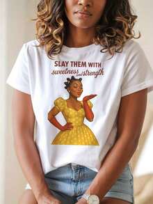 Camiseta Gráfica de Juneteenth para Mujer - Diseño de Empoderamiento "Sla'y Them With Sweetness & Strength", Camiseta Vintage de Inspiración Retro de los 70 con Lema Audaz y Arte de Mujer Africana - Blanco - Ver 1