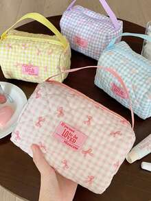 1个大容量格子领结铅笔盒，高品质领结文具包，便携式旅行化妆包，学生小物件收纳袋，手提收纳袋 - 蝴蝶結 - 查看 9