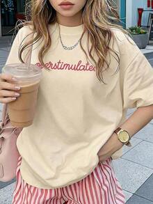 Camiseta Holgada Sencilla Mujer Estilo Moderno Camiseta casual de mujer de manga corta y cuello redondo - Estampado impreso, tela suave y cómoda, lavable a máquina, blusas de verano Camiseta Mujer Estampado Gráfico  Verano 2026 - Albaricoque - Ver 7