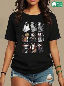 1pieza Blusas de mujer hermosas Blusas para mujeres Ropa de mujer Conjuntos para mujeres Camiseta de gato de Halloween 180G Blanca y negra con patrón de fantasma, vampiro y calabaza de alta calidad Impresión redonda Cuello básico holgado y transpirable Versátil Lavable en máquina Cómodo Talla S ~ 3XL Esencial diaria para deportes y verano. Blusas Hermosas 100% Algodón - Negro - Ver 4