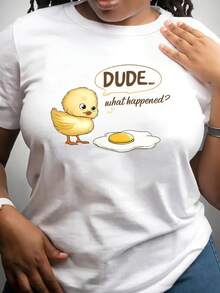 The Chick's Surprised Expression Upon Seeing The Fried Egg Is Adorable. This Women's Casual Short-Sleeved Crew Neck T-Shirt Is Made Of A Soft, Breathable Fabric, Is Machine Washable, And Has A Regular Fit. It's A Comfortable T-Shirt For Everyday Wear, Suitable For Summer. Artistic Pattern P - 白色 - 查看 1