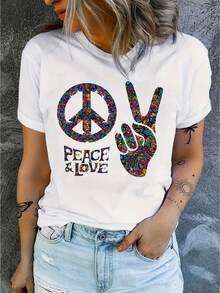 Camiseta con estampado gráfico hippie, top casual de manga corta y cuello redondo para verano y primavera, ropa de mujer - Blanco - Ver 1