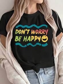 Women's T-Shirts, Women's T-Shirts With "Don't Worry, Be Happy" Print - Casual Black Short-Sleeved Crew Neck Top With Colorful Wave And  Face Design, Perfect For Spring And Summer Casual Wear. | Interesting Prints | Short-Sleeved Shirt - 1件白色隨機圖案 - 查看 2