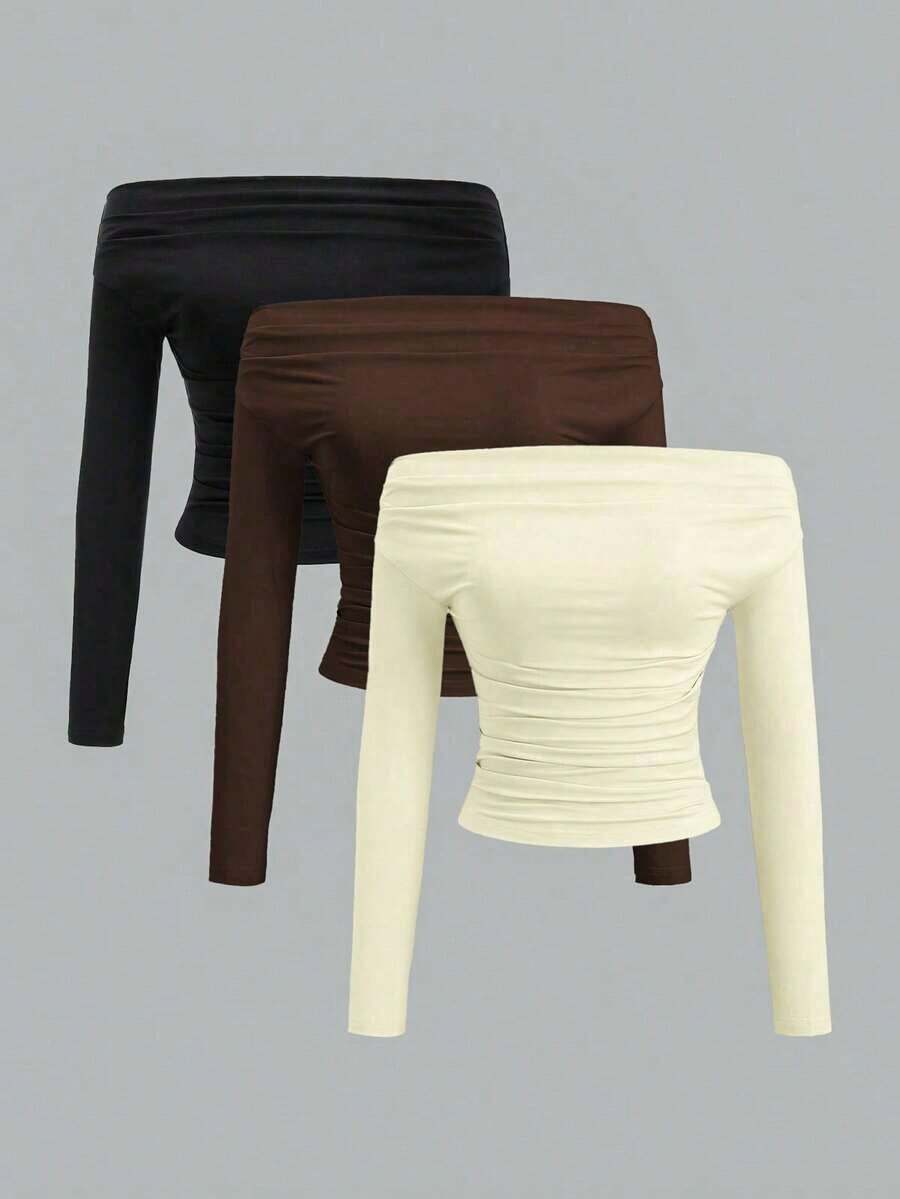 de 3 piezas Blusa corta de manga larga y hombros descubiertos para mujer, cómoda y amigable con la piel, ajuste ceñido - Multicolor 16 - Ver 1