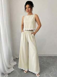 Conjunto de 2 piezas de mujer con tirantes de punto ondulado de color contrastante, adecuado para citas, uso diario, oficina, viajes, casual, vacaciones - Albaricoque - Ver 5