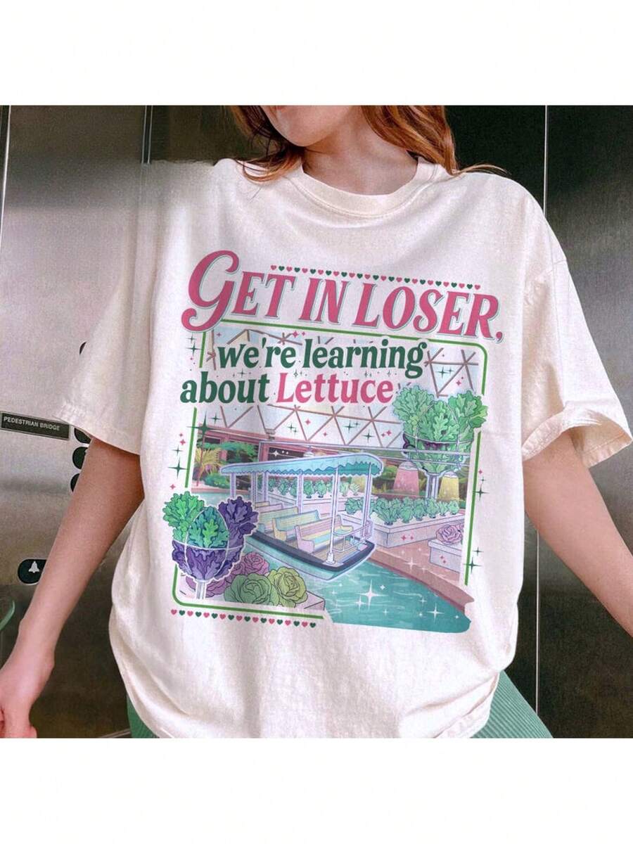 1 Piece, 180G, Comfortable 'Loser We Are Learning Ketchup' Theme Park Print T-Shirt, Funny Theme Park T-Shirt, Vintage Amusement Park Inspired T-Shirt. - 白色 - 查看 1