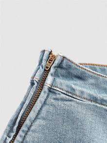 Women's Asymmetrical Hem Denim Skirt With Ruffle Trim - Negro - Ver 3