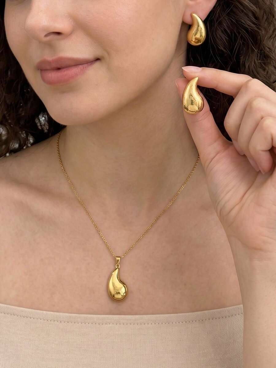 1套女用金色珠寶套組 多款優雅水滴項鍊耳環 極簡不鏽鋼拋光低敏 生日度假適用