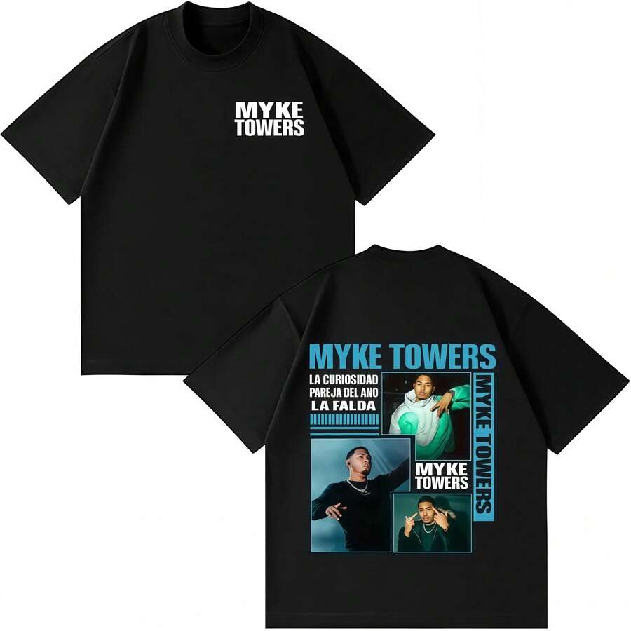 Myke88Towers Inspired Summer T-Shirt For Fans - Double-Sided Print With Collage Of Iconic Photos And Song Titles, Gift Idea For Reggaeton Lovers - Black - View 1