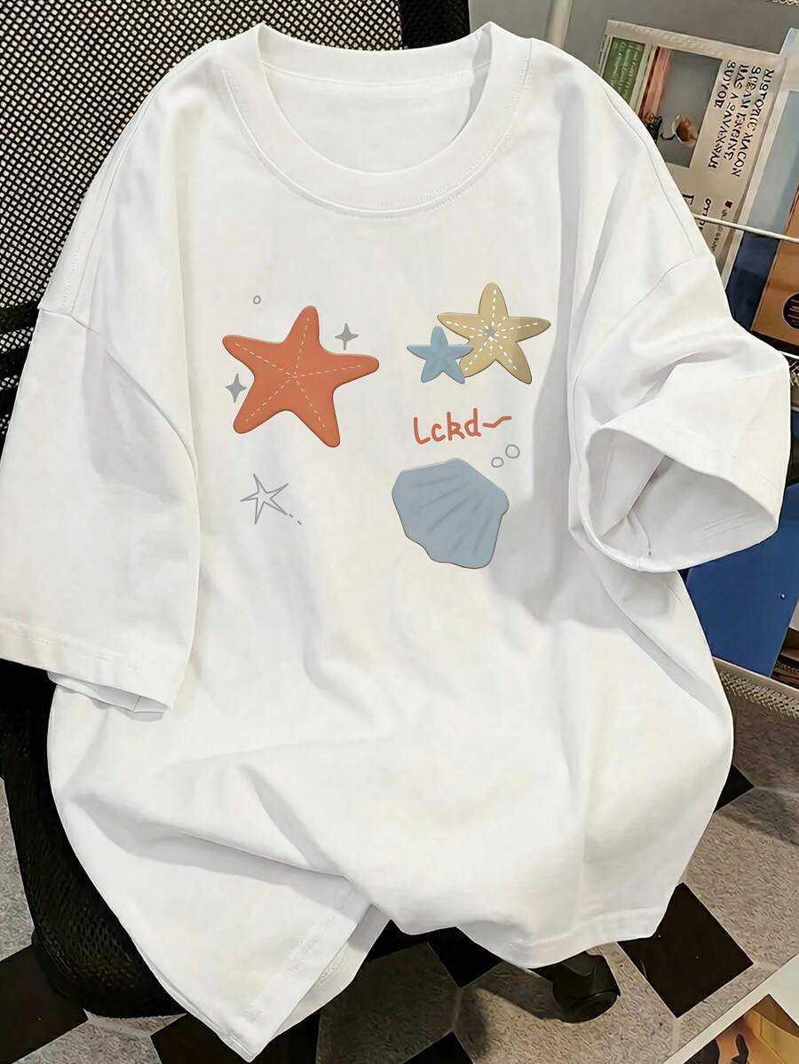 Women's Limited Edition Summer Short-Sleeve T-Shirt, Loose Fit With Cartoon Print, Short-Sleeve Top, Base Layer. 3333 Lightweight Cotton - 白色 - 查看 1