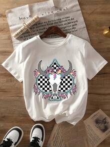 1 camiseta de mujer con estampado vintage de estilo occidental - letras brillantes y estampado de vaquero, suave y transpirable, de manga corta y cuello redondo, corte holgado para primavera y verano, ropa con temática de mezclilla, 180g, 100% algodón. - Blanco - Ver 1