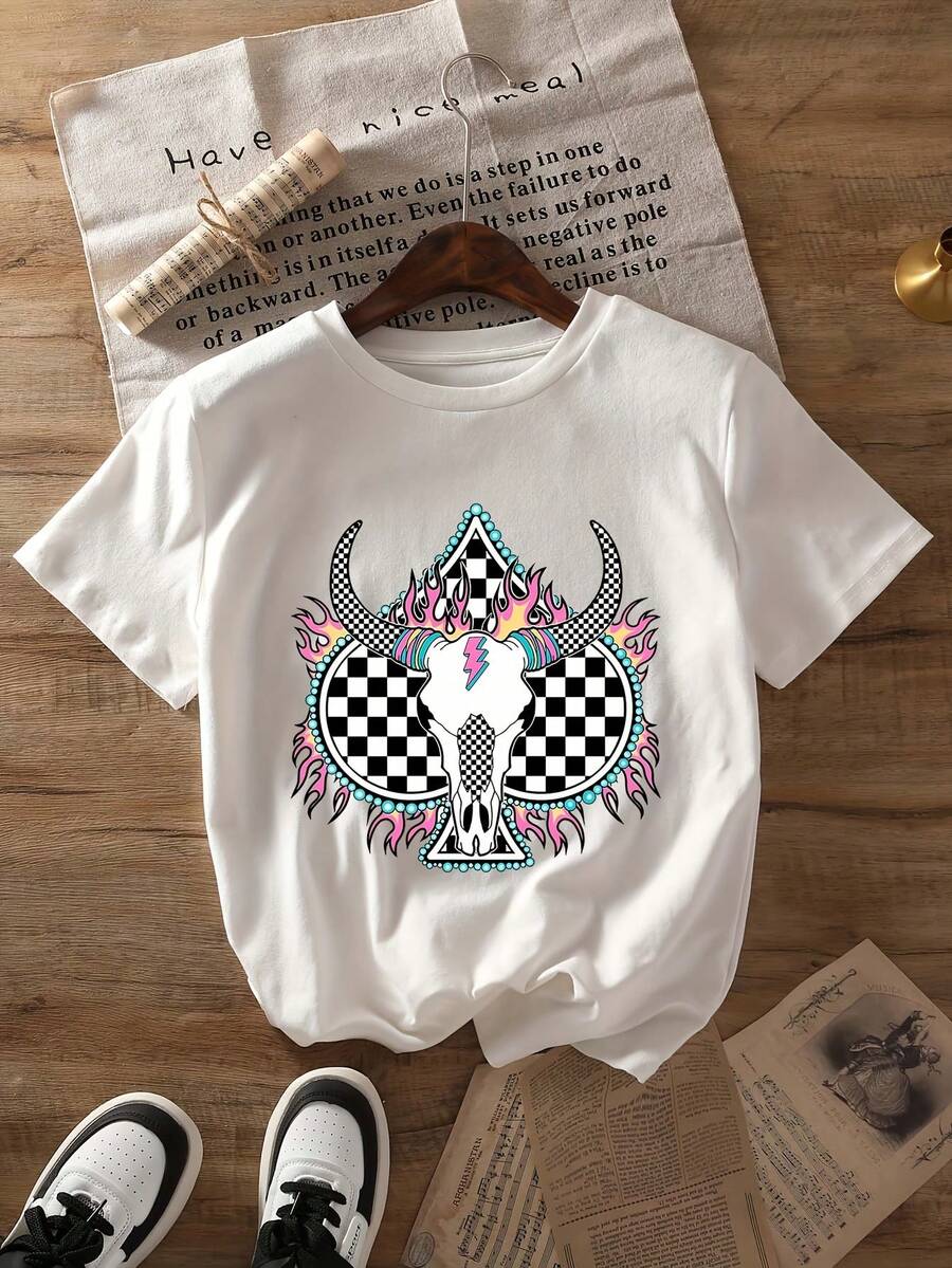 1 camiseta de mujer con estampado vintage de estilo occidental - letras brillantes y estampado de vaquero, suave y transpirable, de manga corta y cuello redondo, corte holgado para primavera y verano, ropa con temática de mezclilla, 180g, 100% algodón. - Blanco - Ver 1