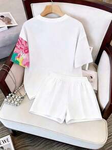 informal de 2 piezas de camiseta de manga corta con cuello redondo y estampado de letras, y shorts para mujer - Blanco 2 - Ver 2