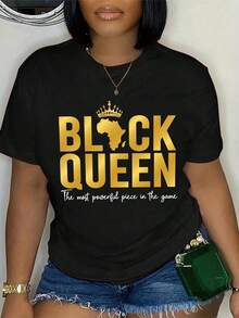 Camiseta de Manga Corta con Estampado de Lema  BLACK QUEEN La Pieza Más Poderosa del Juego Camisetas Gráficas para Mujer 100% Algodón - Negro - Ver 1
