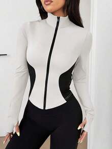 Chaqueta de manga larga de punto ajustada con protección solar para mujer en otoño/invierno, color albaricoque - Blanco y Negro - Ver 4