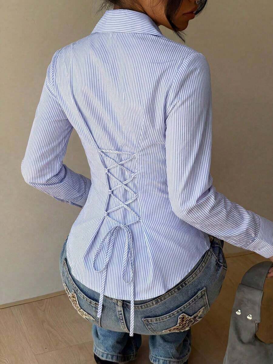 Camisa de manga larga de ajuste ceñido con cintura anudada a rayas rosa, blusa a rayas amarilla para mujer, nueva colección de otoño - Púrpura polvoriento - Ver 1
