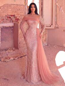 Faeriesty 奢华优雅多层网纱美人鱼裙摆串珠正式晚礼服 - 珊瑚橙 - 查看 3