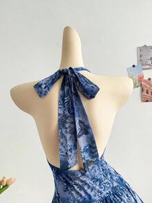 Vestido azul impreso de malla de punto con escote de halter romántico de vacaciones para mujeres - Azul - Ver 4