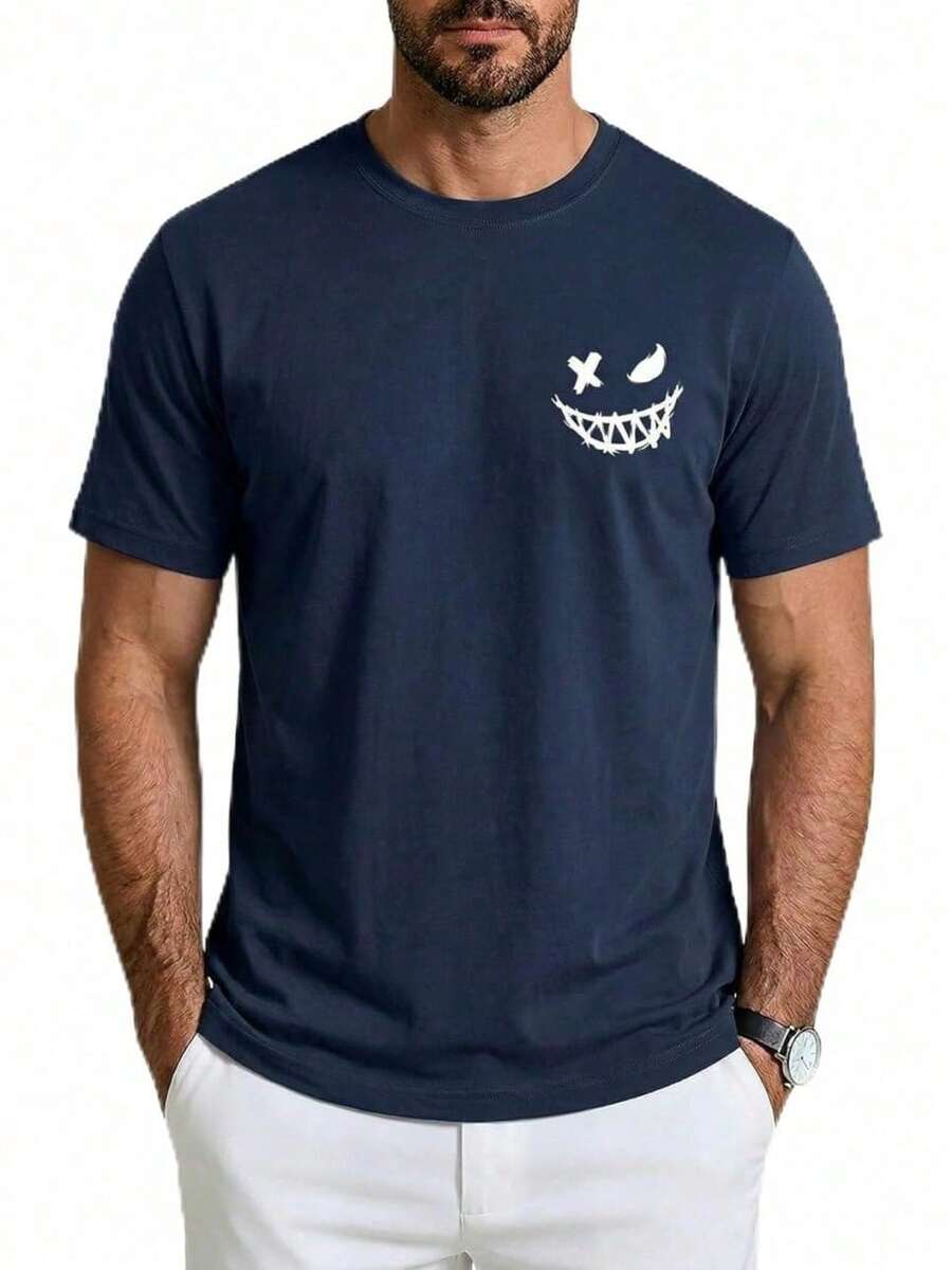 Camiseta Gráfica de Algodón para Hombre Aiyino, Estilo Casual Urbano, con Estampado Minimalista de Sonrisa en el Pecho y Cuello Redondo GCT5 - Blanco - Ver 1
