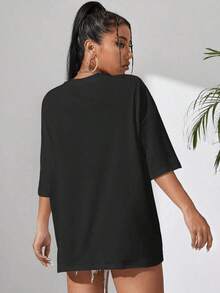 Off-The-Shoulder T-Shirt With Cartoon Face Print - Black - View 2