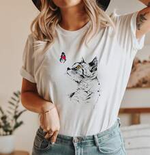 Camiseta de Gato y Mariposa, Algodón Puro, Camiseta Natural, Camiseta con Diseño Gráfico Dibujado a Mano, Camisetas Ajustadas para Mujer, Gato y Mariposa - alta calidad - Blanco - Ver 7