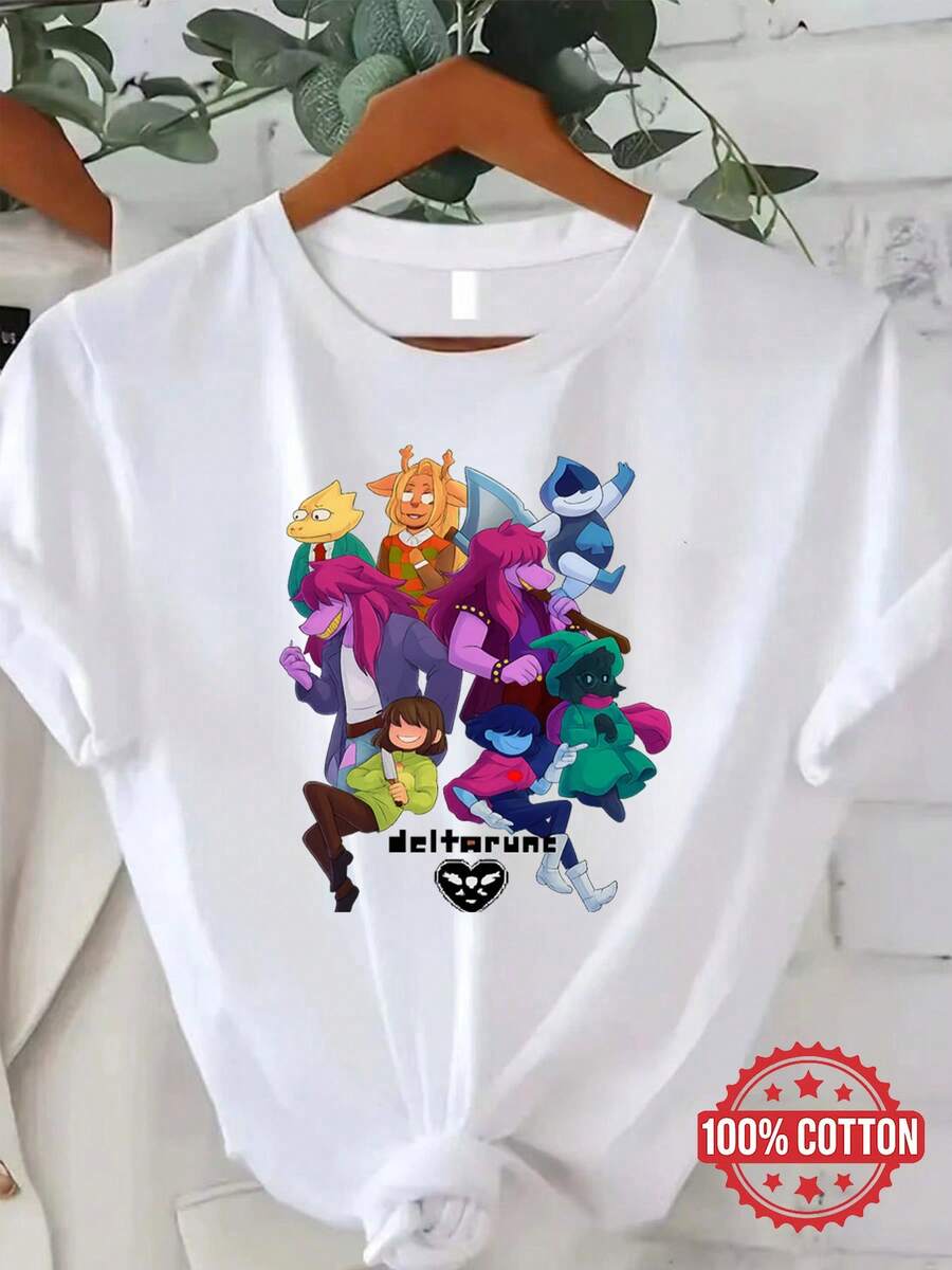 Camiseta de Mujer de Cuello Redondo con Personajes de RPG: Kris, Susie, Ralsei y Lancer - Moda Moderna - Blanco - Ver 1