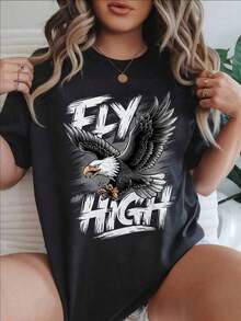Camiseta Casual para Mujer - Camiseta de Manga Corta con Diseño Gráfico de Águila 'Fly High', Cuello Redondo, Top de Verano, Lavable a Máquina, Camisetas para Damas, Ropa Casual, Estilo Moderno, Ajuste Cómodo  
 Negro100% AlgodónDuradero - Negro - Ver 1
