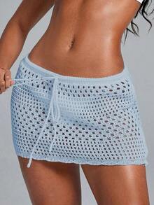Swim Lushoire Falda pareo con dobladillo ondulado para la playa, con patrón geométrico perforado y floral - Celeste - Ver 7