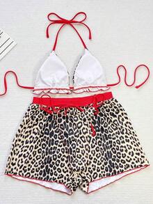 Conjunto de bikini de 3 piezas con parte superior de atar al cuello, estampado de lunares y shorts, con volantes, para mujer, para playa de verano - Multicolor 2 - Ver 2