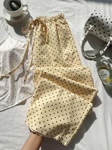 Pantalones casuales anchos con cintura de corbata y estampado de lunares para mujer - Amarillo - Ver 9