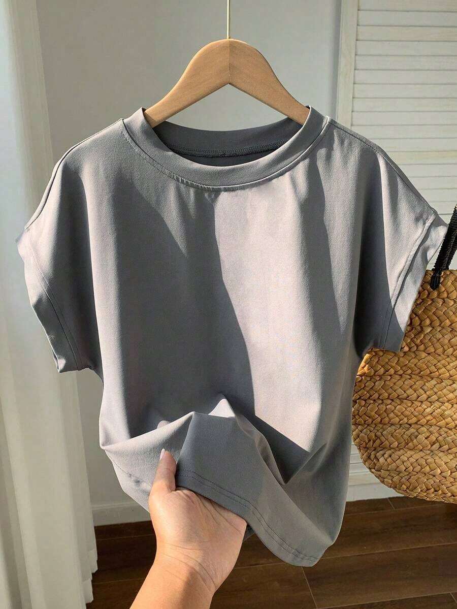 Set de 3 camisetas casuales de mujer de cuello redondo y unicolor, versátiles para uso diario - Gris - Ver 1