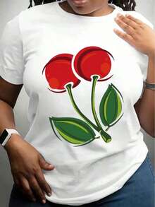 Women's Cool Summer Cherry Print T-Shirt - Casual Red Cherry Graphic Design T-Shirt For Everyday Wear, Summer Outfit, Fun Fruit Print Top For Women And Girls. - 白色 - 查看 7
