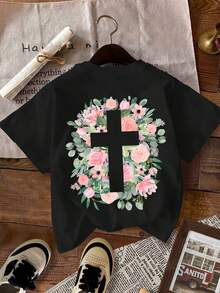Camiseta Casual de Verano para Mujer - Estampado de Cruz Floral de Jesús, Cuello Redondo, adecuada para uso al aire libre, estilo callejero Y2K, estética punk, para la temporada de regreso a clases, viajes, clubes, gimnasios, entornos deportivos y ocasiones festivas - Camiseta Vintage de Estilo Urbano Unisex, Holgada, de Algodón, Manga Corta y Cuello Redondo, blusas para mujer. blusas.blusas casuales para dama. - Negro - Ver 2