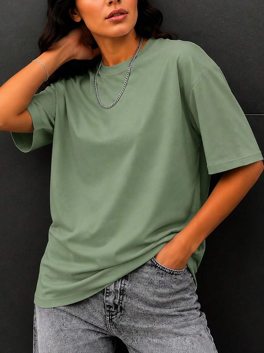夏季新款休闲圆领短袖T恤，时尚百搭女式上衣 - 橄欖綠 - 查看 1
