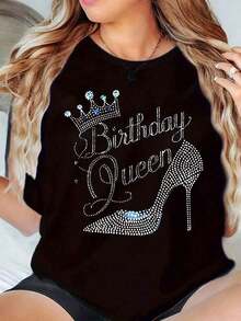 Fashion Printed T‑Shirts for Women, Oversized Streetwear Tops, Comfortable and Stylish All‑Match Summer TeesAlgodón Camiseta de Cuello Redondo para Mujeres con Corona de Reina de Cumpleaños de Rhinestone y Estampado de Tacón para Celebraciones de Fiesta 180g suave - Negro - Ver 5