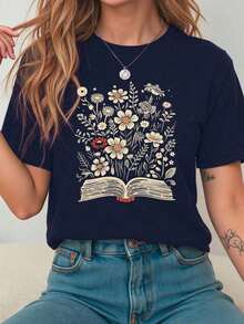 Camiseta de manga corta con estampado floral casual para mujer, camiseta de cuello redondo lisa con encantador patrón de flores para el ocio de las mujeres, color negro - Azul marino - Ver 6