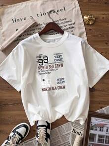 Camiseta de Manga Corta con Estampado de Letras Superpuestas,Camiseta de manga corta de moda para primavera y verano de 2026, hecha en México, 180 gramos. Estampado de dibujos animados, modelo de pareja, apta para uso interior o exterior. Cuello redondo, unisex, ideal para oficina y ocio. Paquete de una pieza. - WH-P631577SLNDXZGY428 - Ver 4